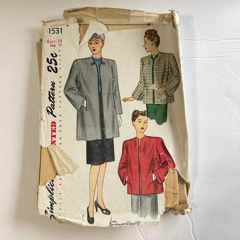 Simplicity Vintage 1940's  Pattern #1531 Women's Coat Bust‎ 34 Hips 37